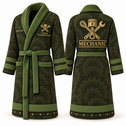 Personalized Mechanic Bathrobe - Signature Silhouette olive front and back view