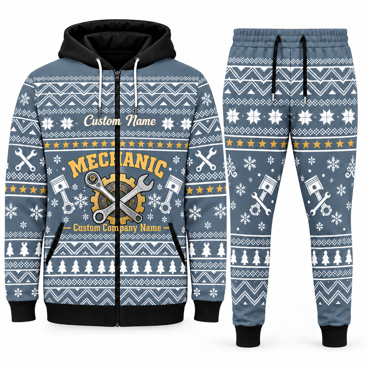 mechanic blue-gray Winter Snowflake full-zip hoodie and jogger combo with Custom Name and Custom Company Name