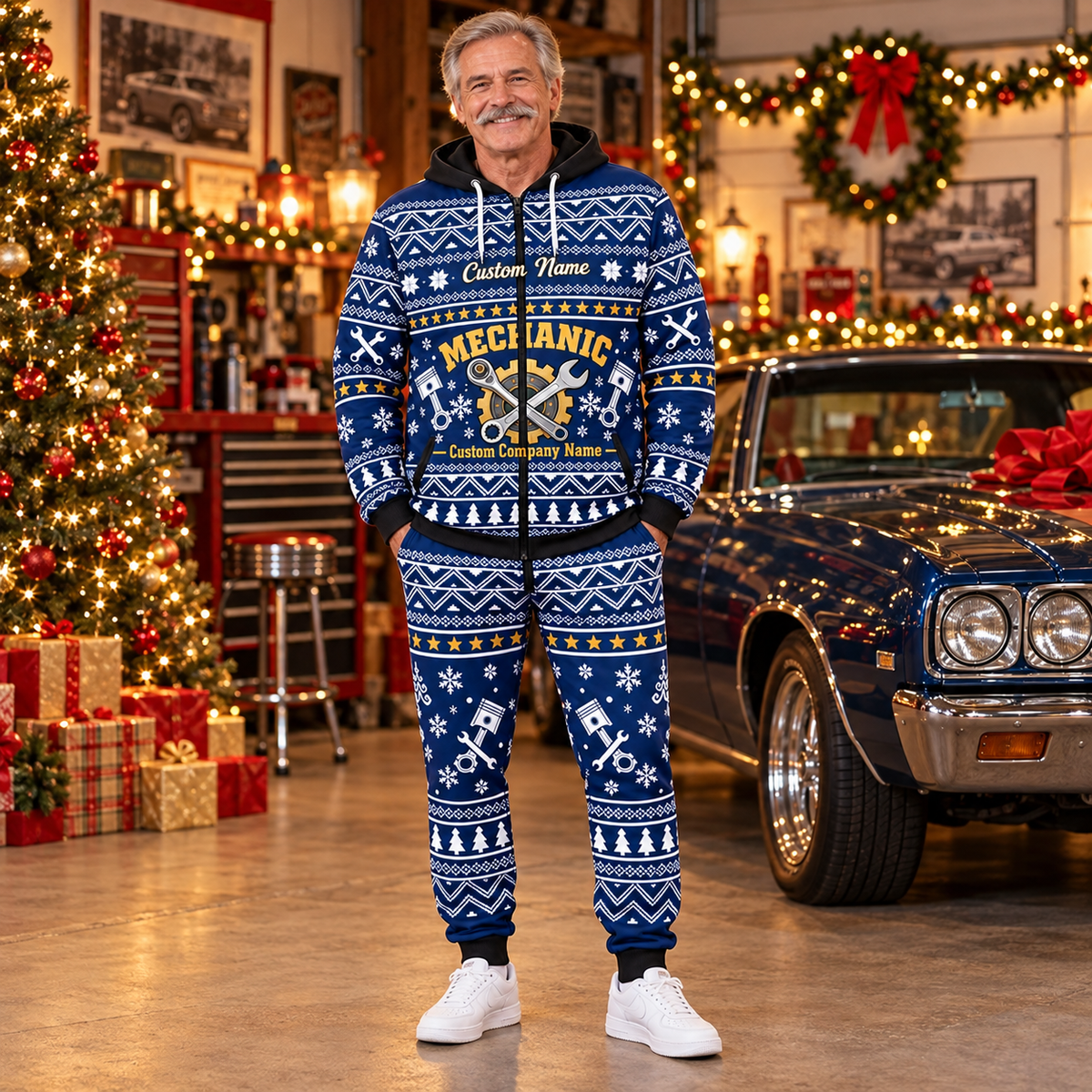 mechanic hero Winter Snowflake full-zip hoodie and jogger combo with Custom Name and Custom Company Name