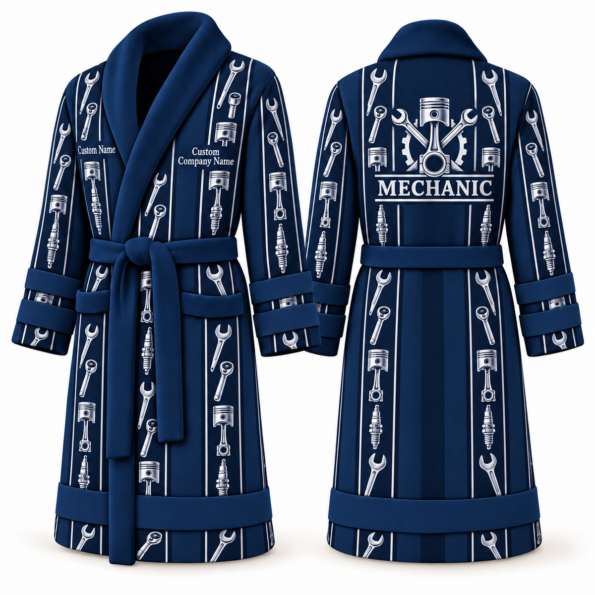 Personalized Mechanic Bathrobe - Workbench Stripes blue front and back view