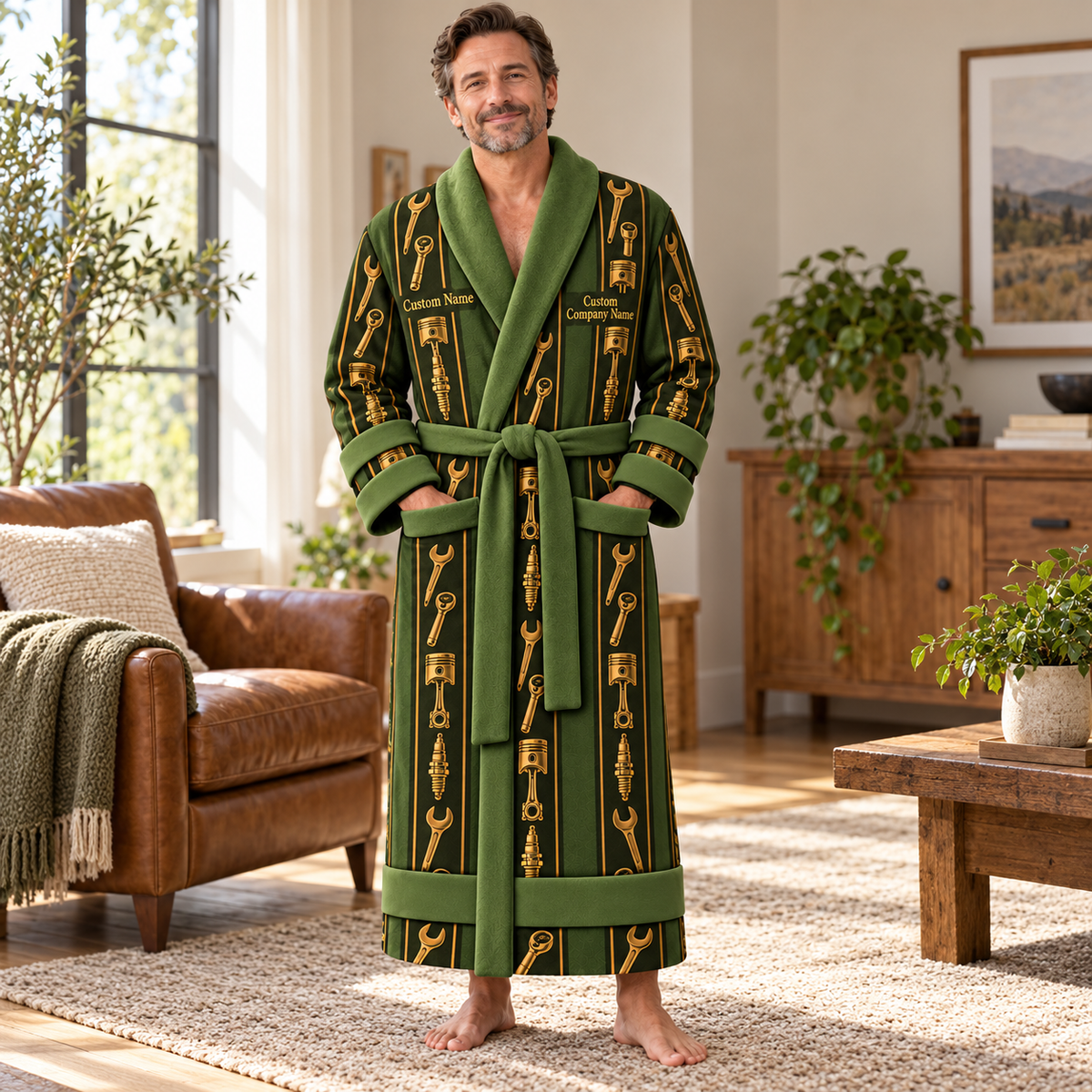 Personalized Mechanic Bathrobe - Workbench Stripes lifestyle view