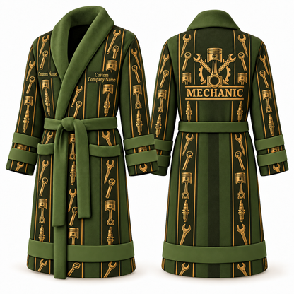 Personalized Mechanic Bathrobe - Workbench Stripes olive front and back view