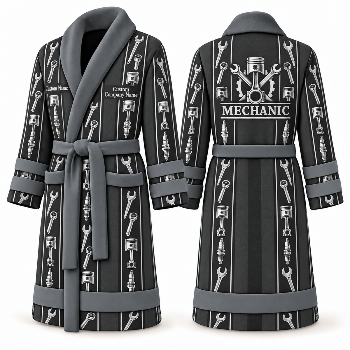 Personalized Mechanic Bathrobe - Workbench Stripes slate front and back view