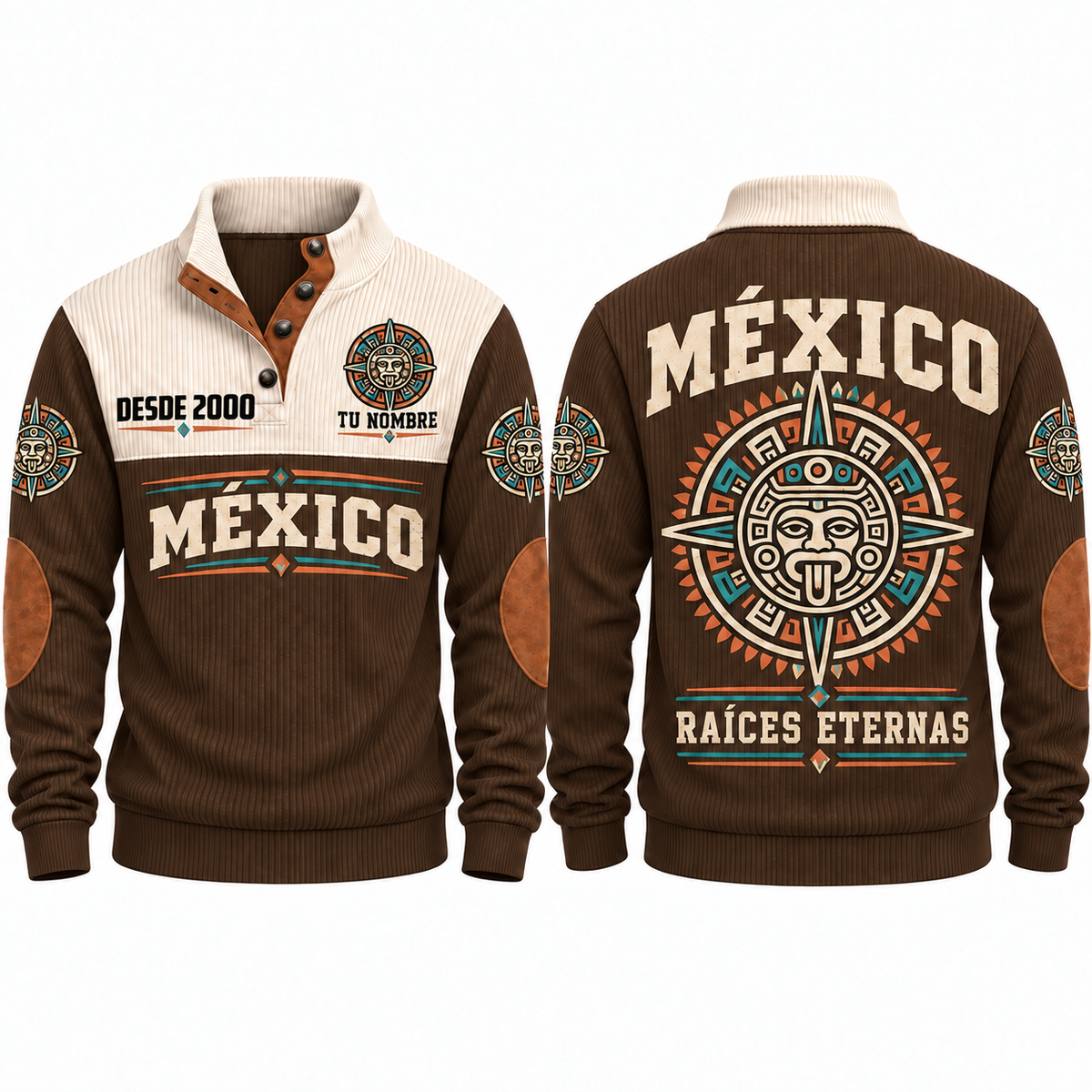 Raíces Eternas personalized Mexican Pride sports sweatshirt in Brown, front and back design