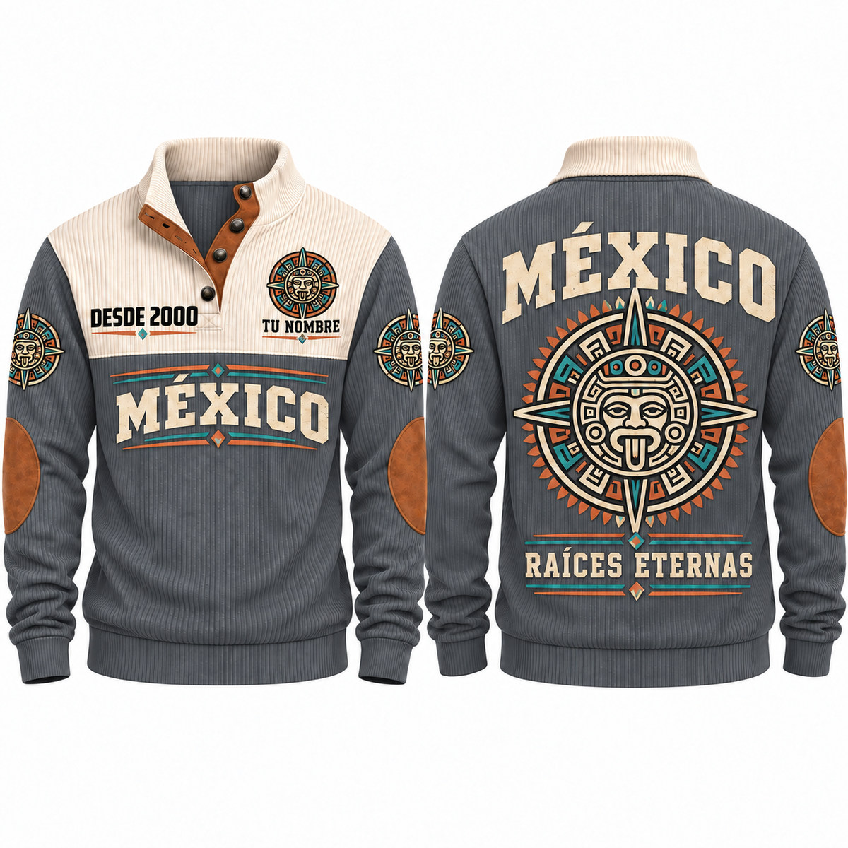 Raíces Eternas personalized Mexican Pride sports sweatshirt in Grey, front and back design