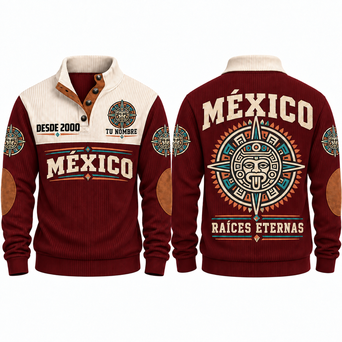 Raíces Eternas personalized Mexican Pride sports sweatshirt in Jujube Red, front and back design