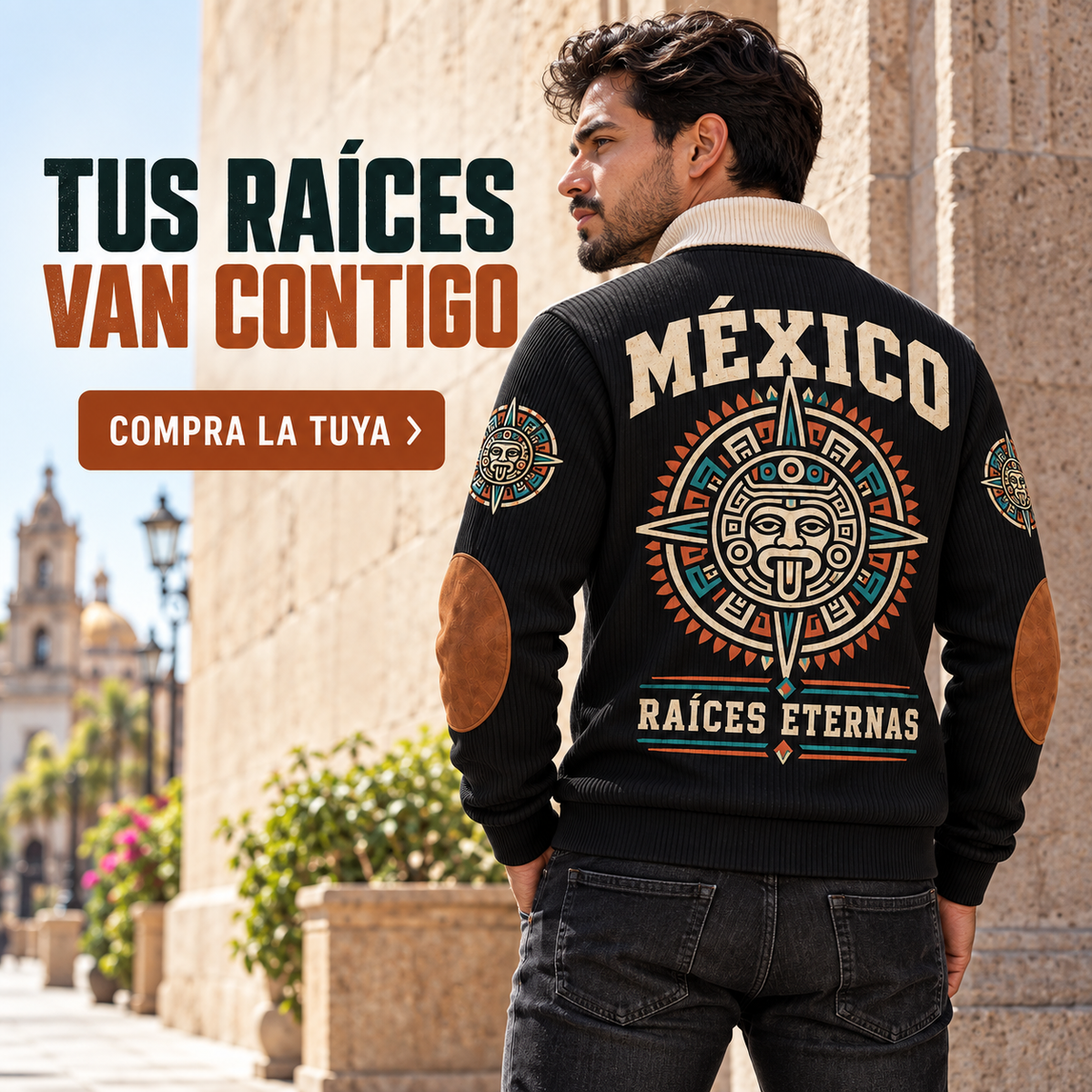 Raíces Eternas | Mexican Pride Personalized Sports Sweatshirt lifestyle mockup in Black