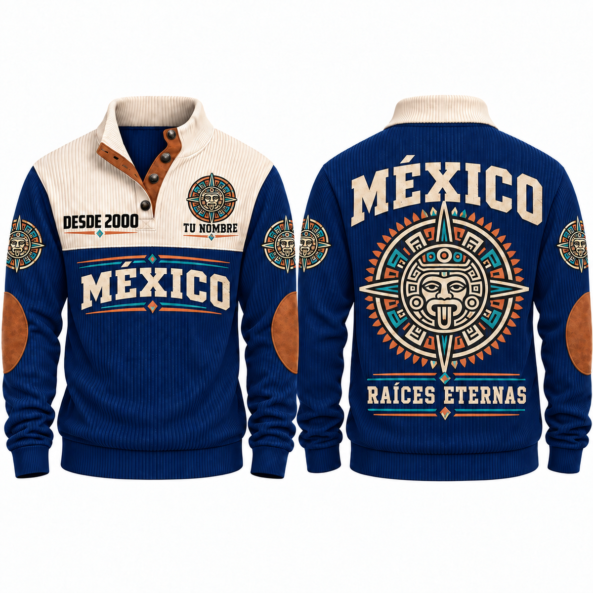 Raíces Eternas personalized Mexican Pride sports sweatshirt in Navy, front and back design