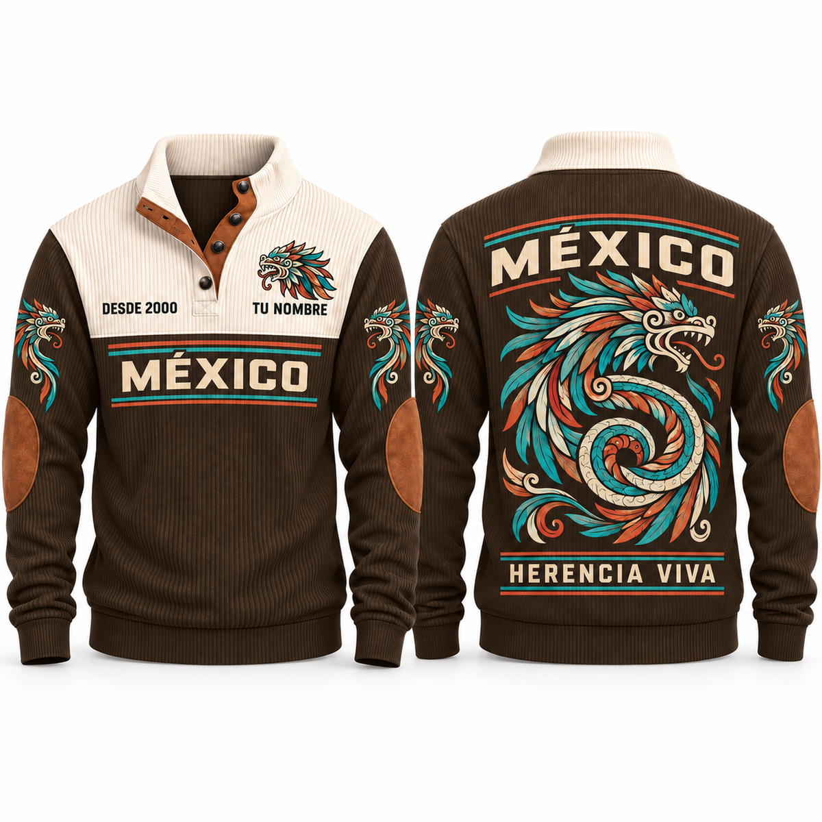 Herencia Viva personalized Mexican Pride sports sweatshirt in Brown, front and back design