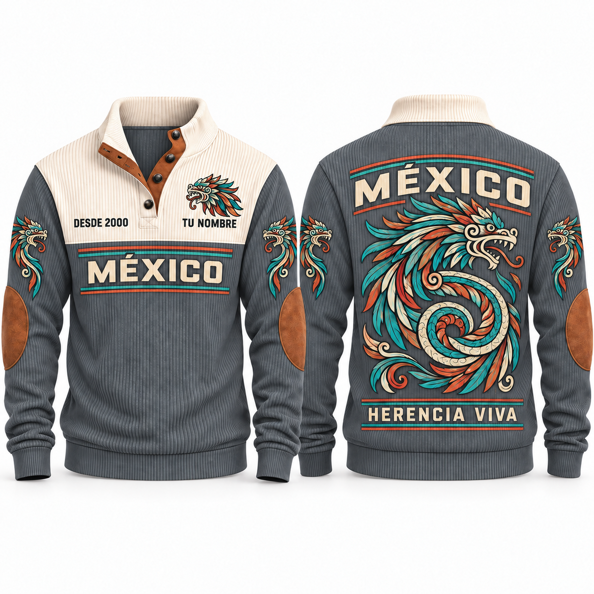 Herencia Viva personalized Mexican Pride sports sweatshirt in Grey, front and back design