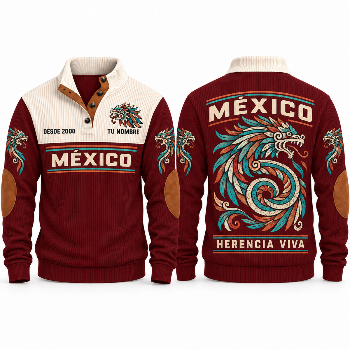 Herencia Viva personalized Mexican Pride sports sweatshirt in Jujube Red, front and back design