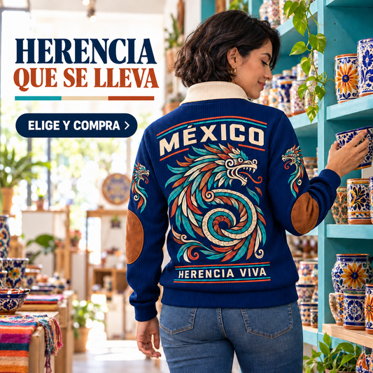Herencia Viva | Mexican Pride Personalized Sports Sweatshirt lifestyle mockup in Navy
