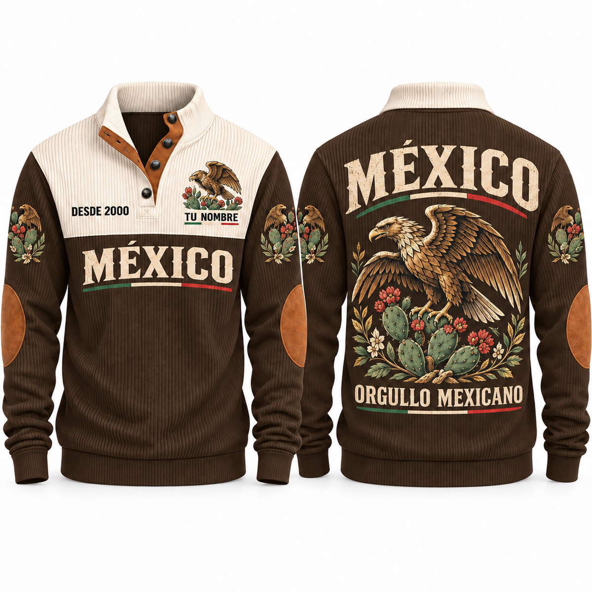 Orgullo Mexicano personalized Mexican Pride sports sweatshirt in Brown, front and back design