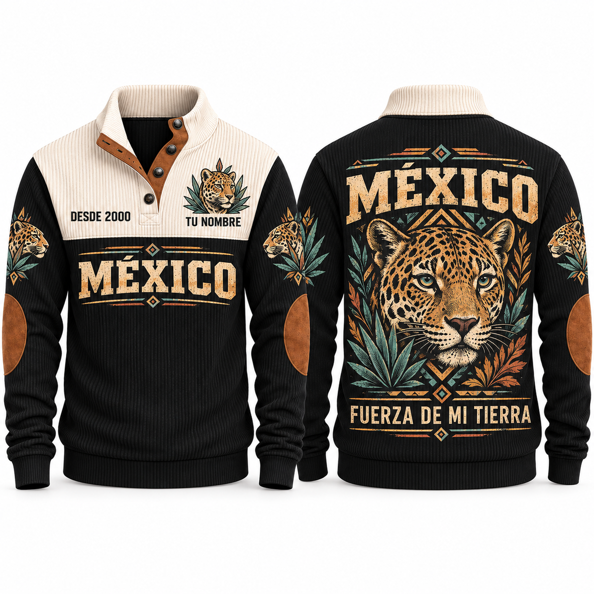 Fuerza de Mi Tierra personalized Mexican Pride sports sweatshirt in Black, front and back design