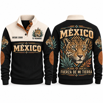 Fuerza de Mi Tierra personalized Mexican Pride sports sweatshirt in Black, front and back design