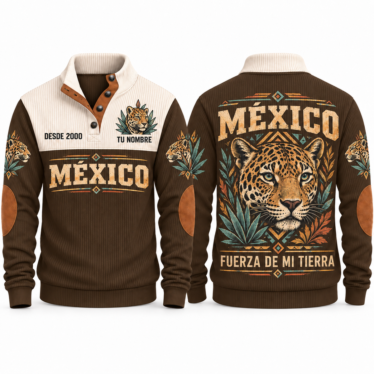 Fuerza de Mi Tierra personalized Mexican Pride sports sweatshirt in Brown, front and back design
