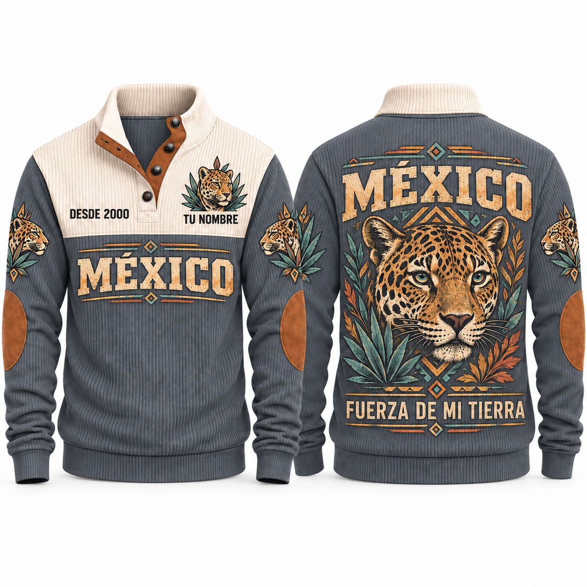 Fuerza de Mi Tierra personalized Mexican Pride sports sweatshirt in Grey, front and back design