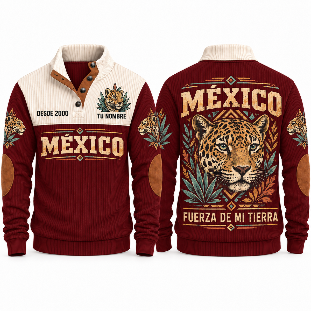 Fuerza de Mi Tierra personalized Mexican Pride sports sweatshirt in Jujube Red, front and back design