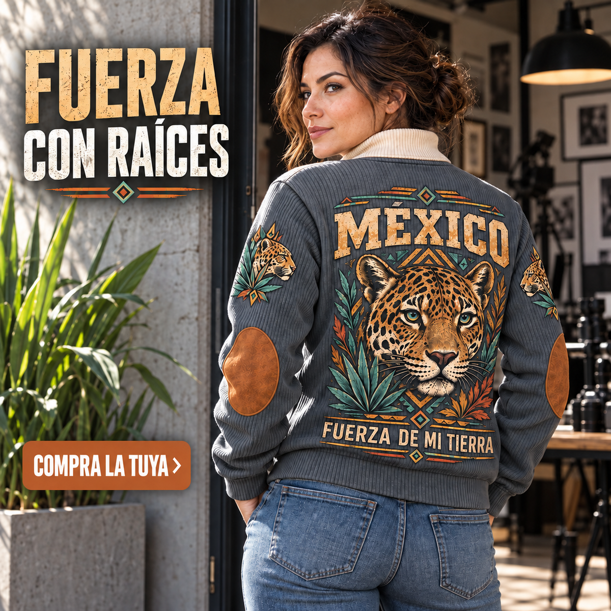 Fuerza de Mi Tierra | Mexican Pride Personalized Sports Sweatshirt lifestyle mockup in Grey