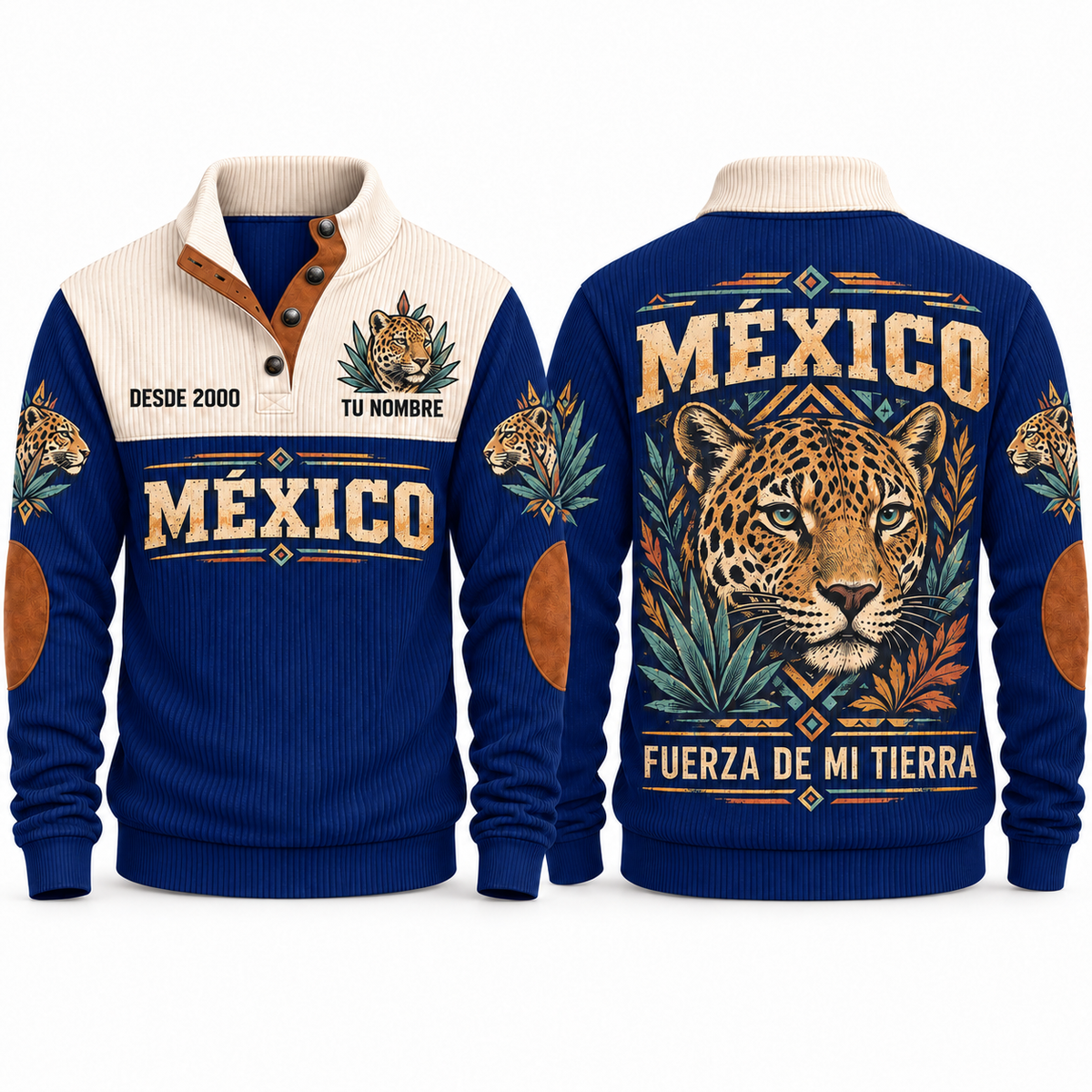 Fuerza de Mi Tierra personalized Mexican Pride sports sweatshirt in Navy, front and back design