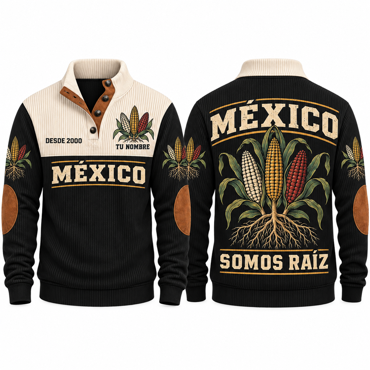 Somos Raíz personalized Mexican Pride sports sweatshirt in Black, front and back design