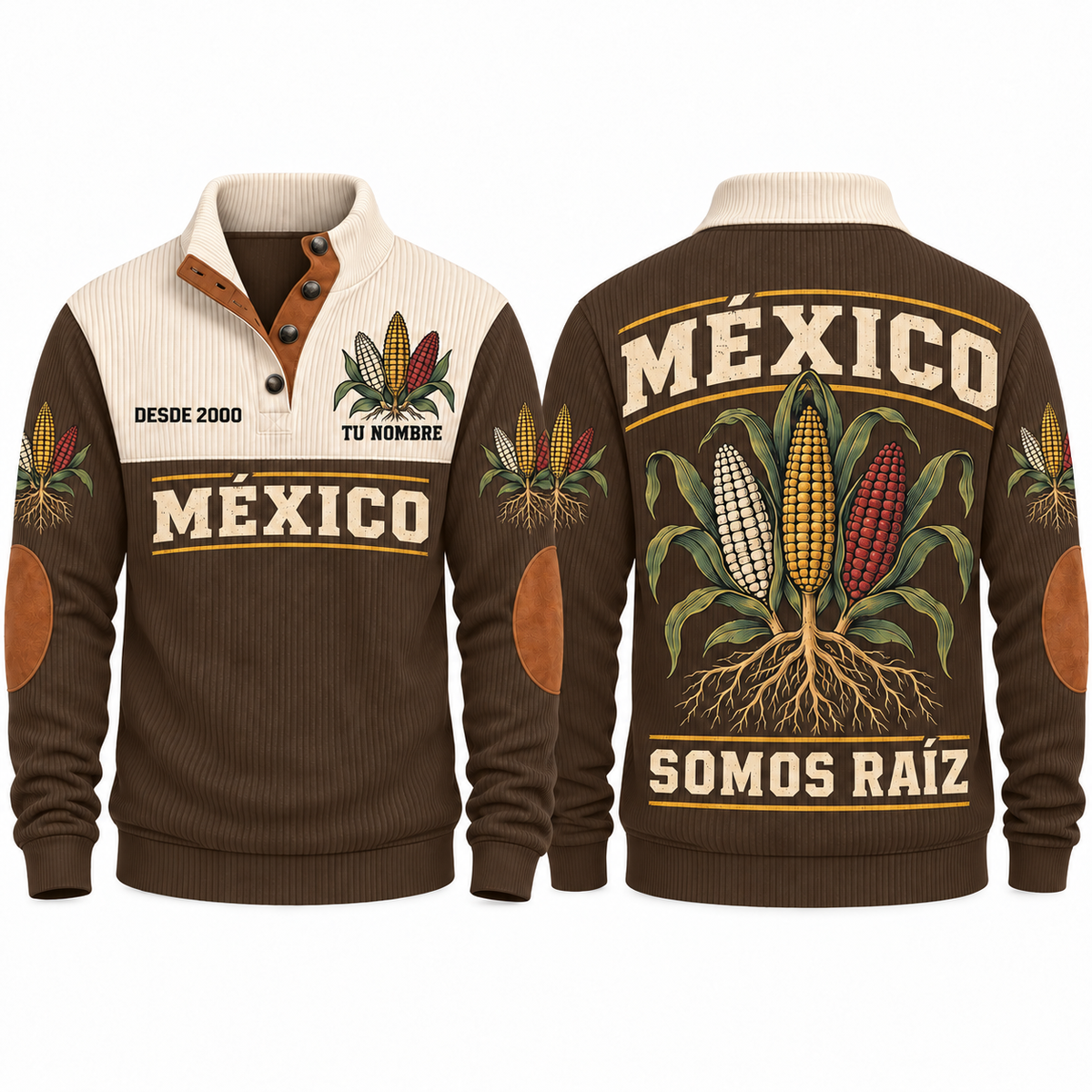 Somos Raíz personalized Mexican Pride sports sweatshirt in Brown, front and back design