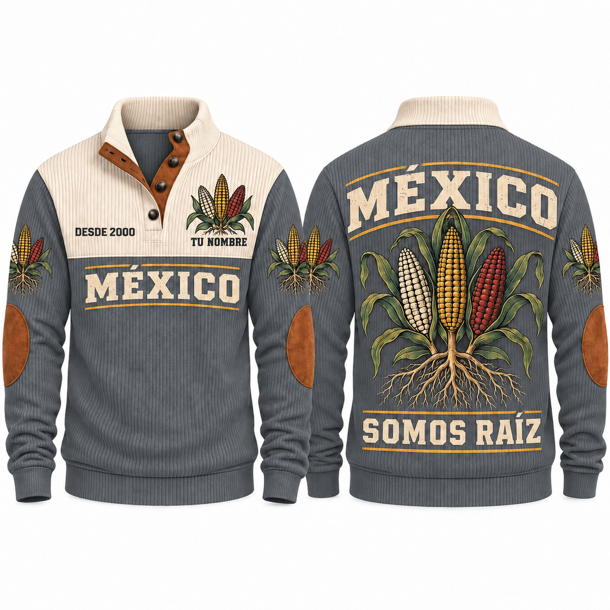 Somos Raíz personalized Mexican Pride sports sweatshirt in Grey, front and back design