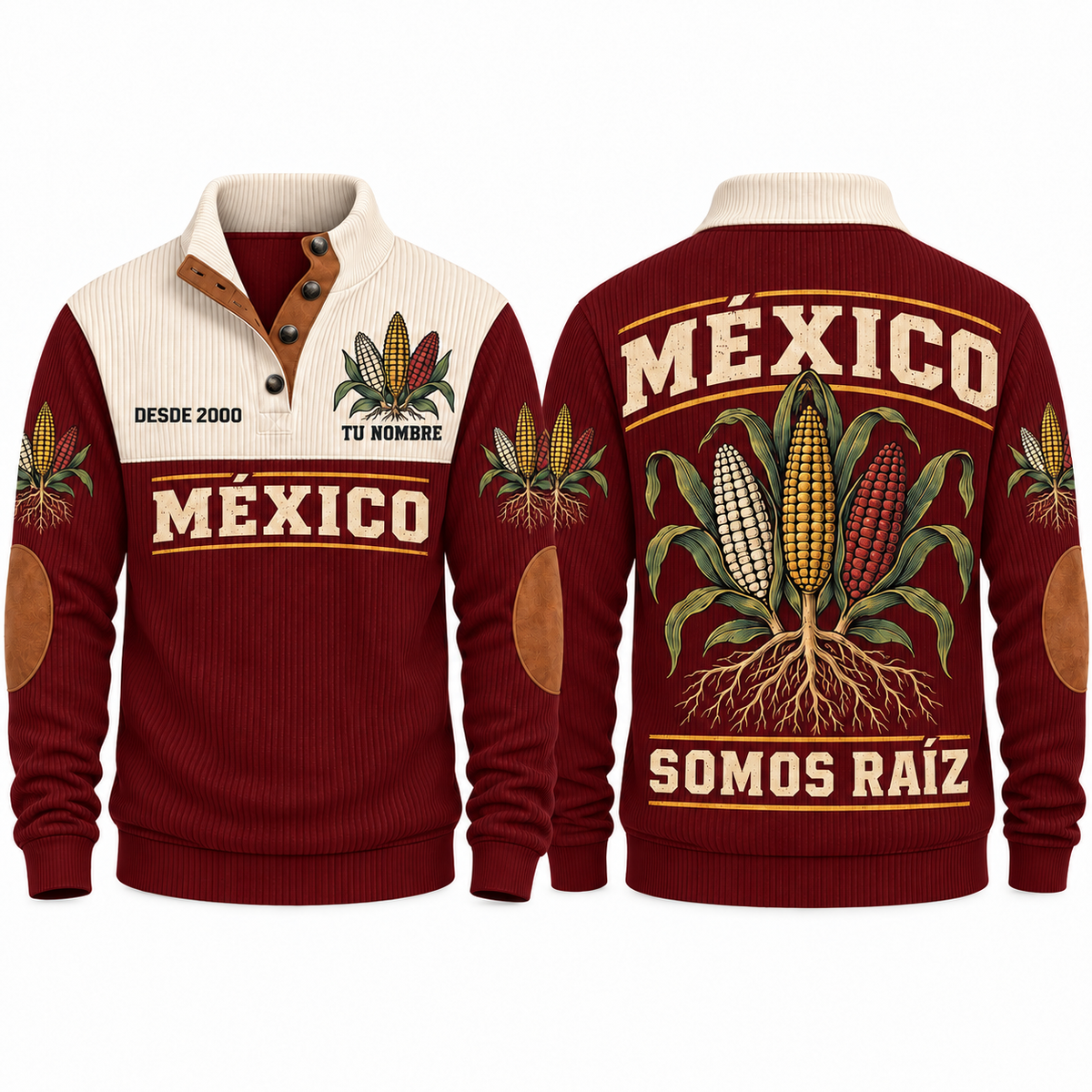 Somos Raíz personalized Mexican Pride sports sweatshirt in Jujube Red, front and back design