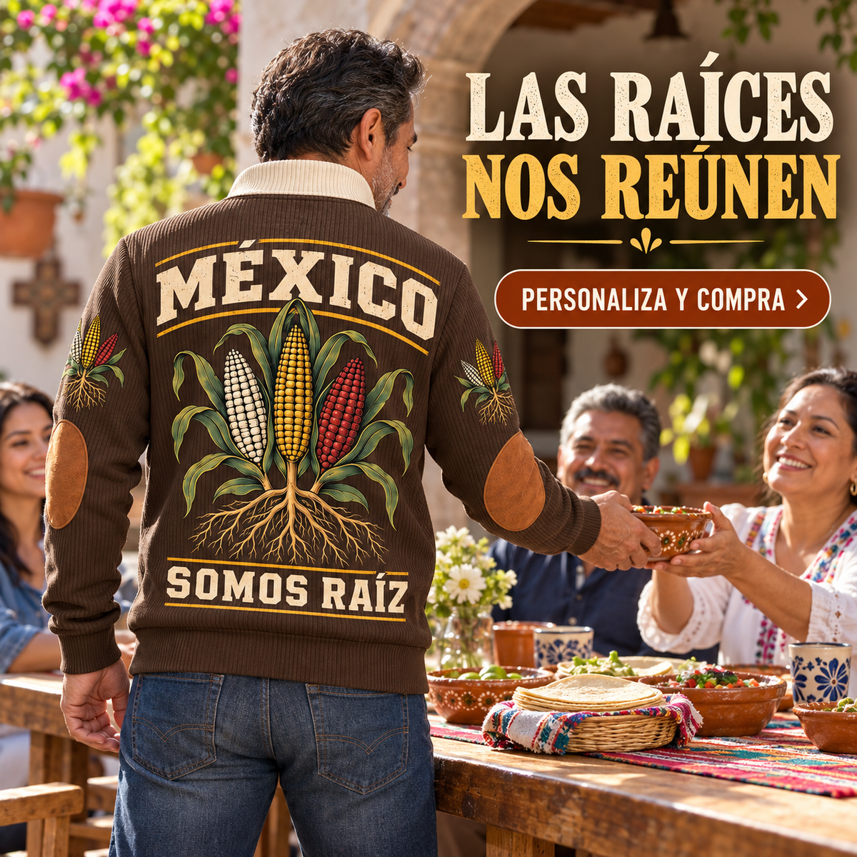 Somos Raíz | Mexican Pride Personalized Sports Sweatshirt lifestyle mockup in Brown