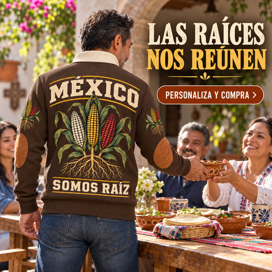 Somos Raíz | Mexican Pride Personalized Sports Sweatshirt lifestyle mockup in Brown