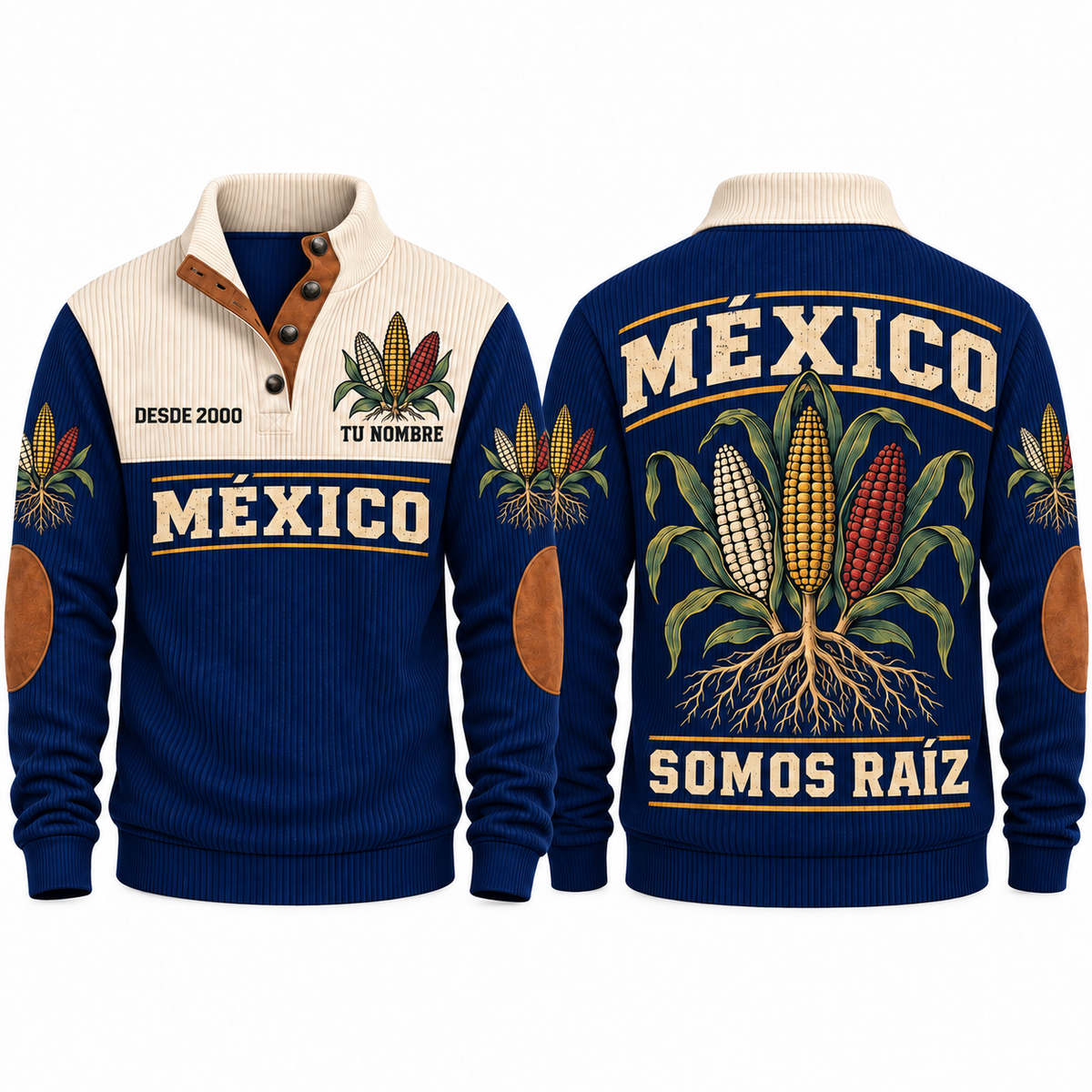 Somos Raíz personalized Mexican Pride sports sweatshirt in Navy, front and back design