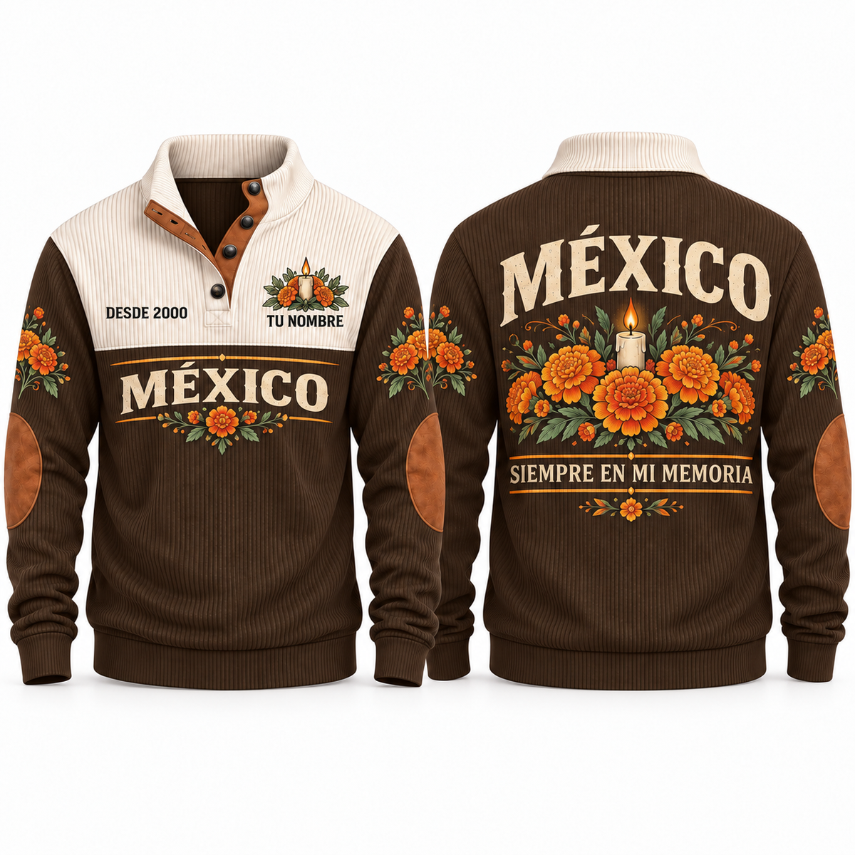 Siempre en Mi Memoria personalized Mexican Pride sports sweatshirt in Brown, front and back design