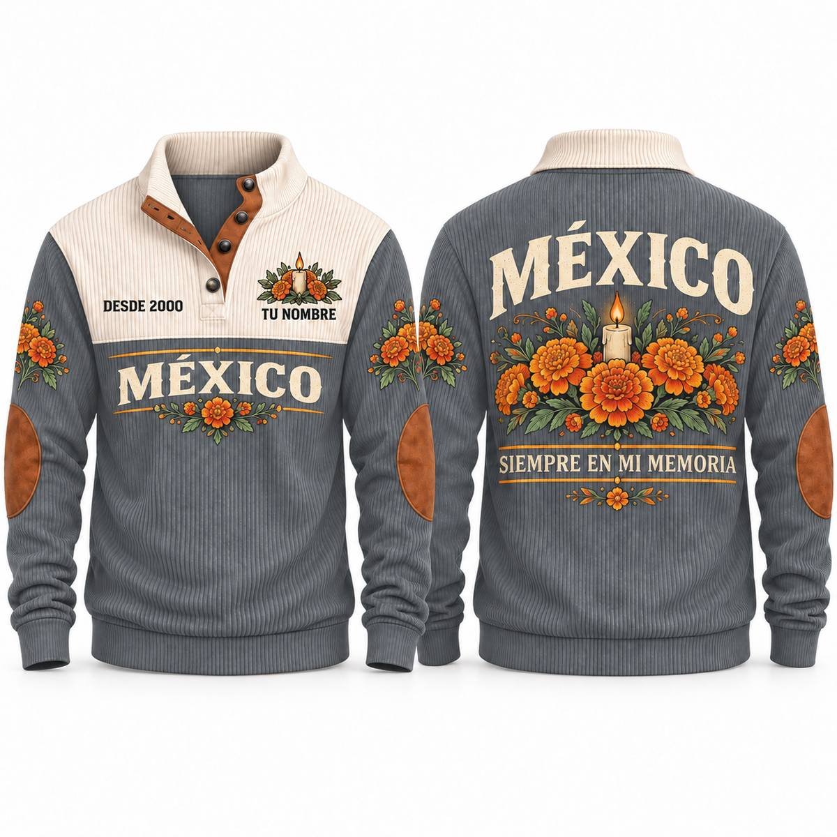Siempre en Mi Memoria personalized Mexican Pride sports sweatshirt in Grey, front and back design
