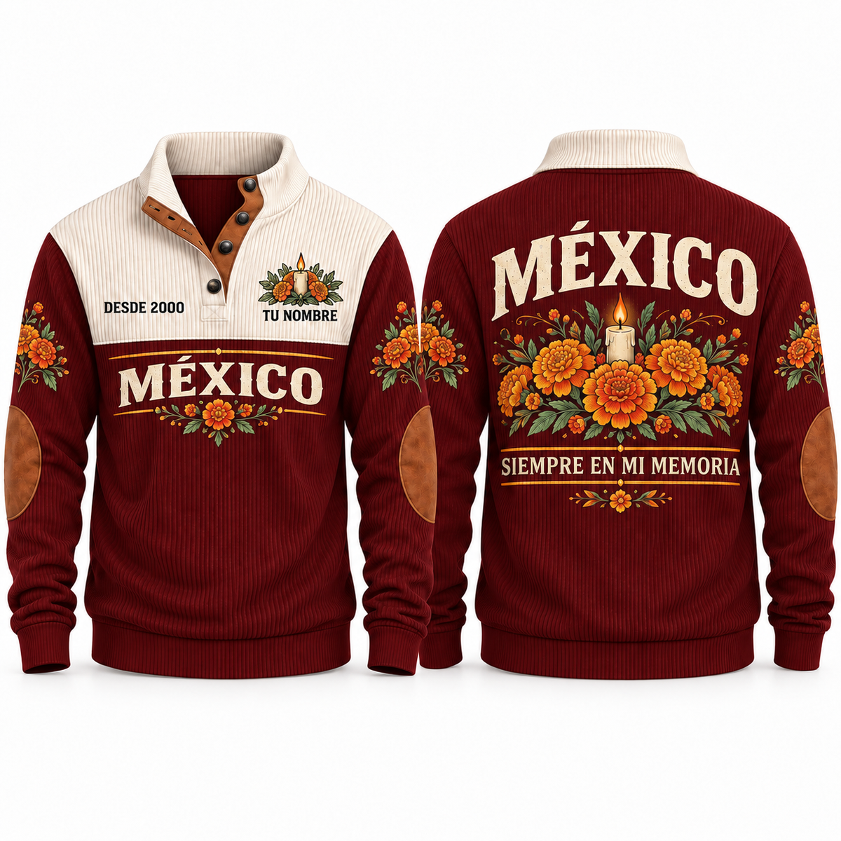 Siempre en Mi Memoria personalized Mexican Pride sports sweatshirt in Jujube Red, front and back design