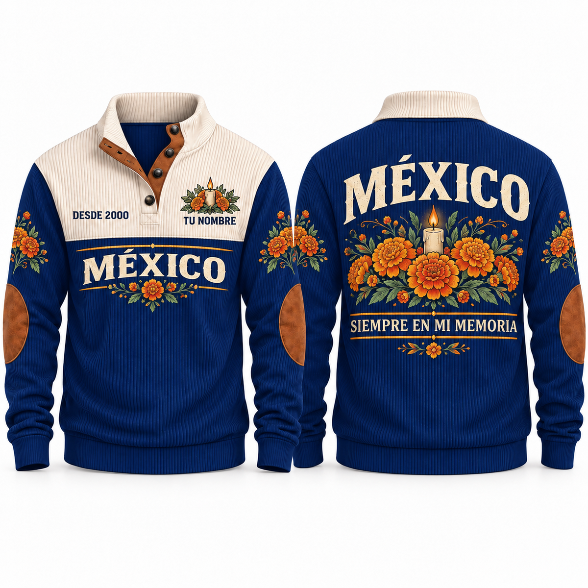 Siempre en Mi Memoria personalized Mexican Pride sports sweatshirt in Navy, front and back design