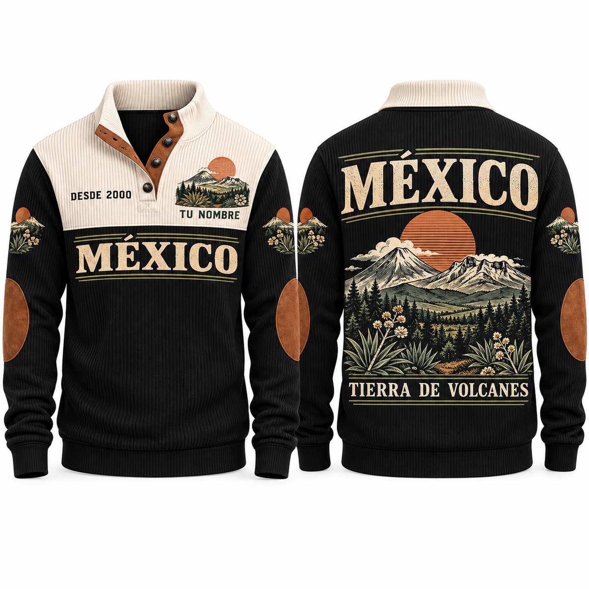Tierra de Volcanes personalized Mexican Pride sports sweatshirt in Black, front and back design