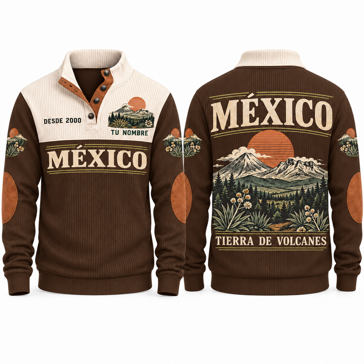 Tierra de Volcanes personalized Mexican Pride sports sweatshirt in Brown, front and back design