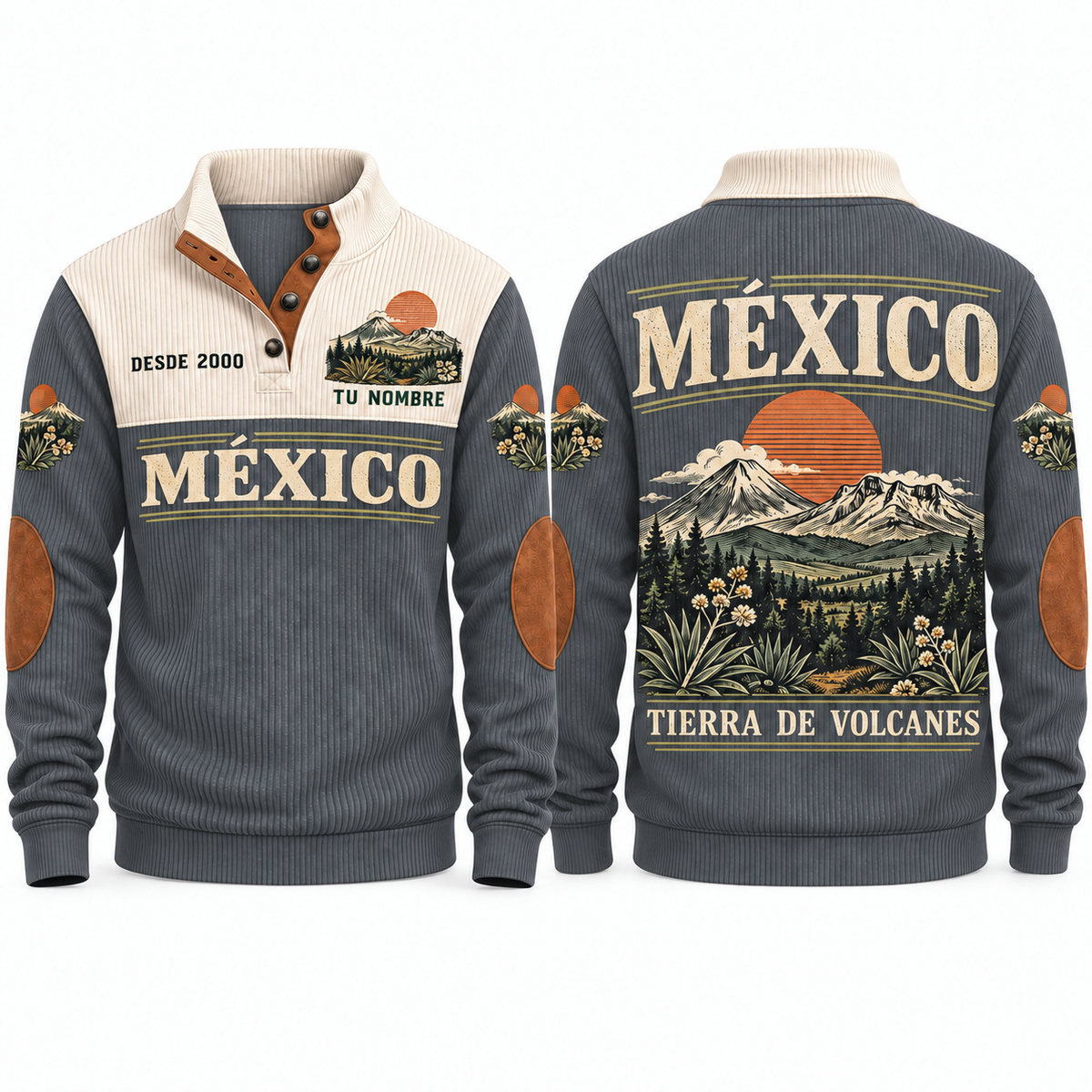 Tierra de Volcanes personalized Mexican Pride sports sweatshirt in Grey, front and back design