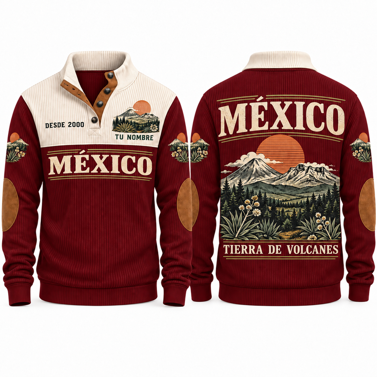 Tierra de Volcanes personalized Mexican Pride sports sweatshirt in Jujube Red, front and back design