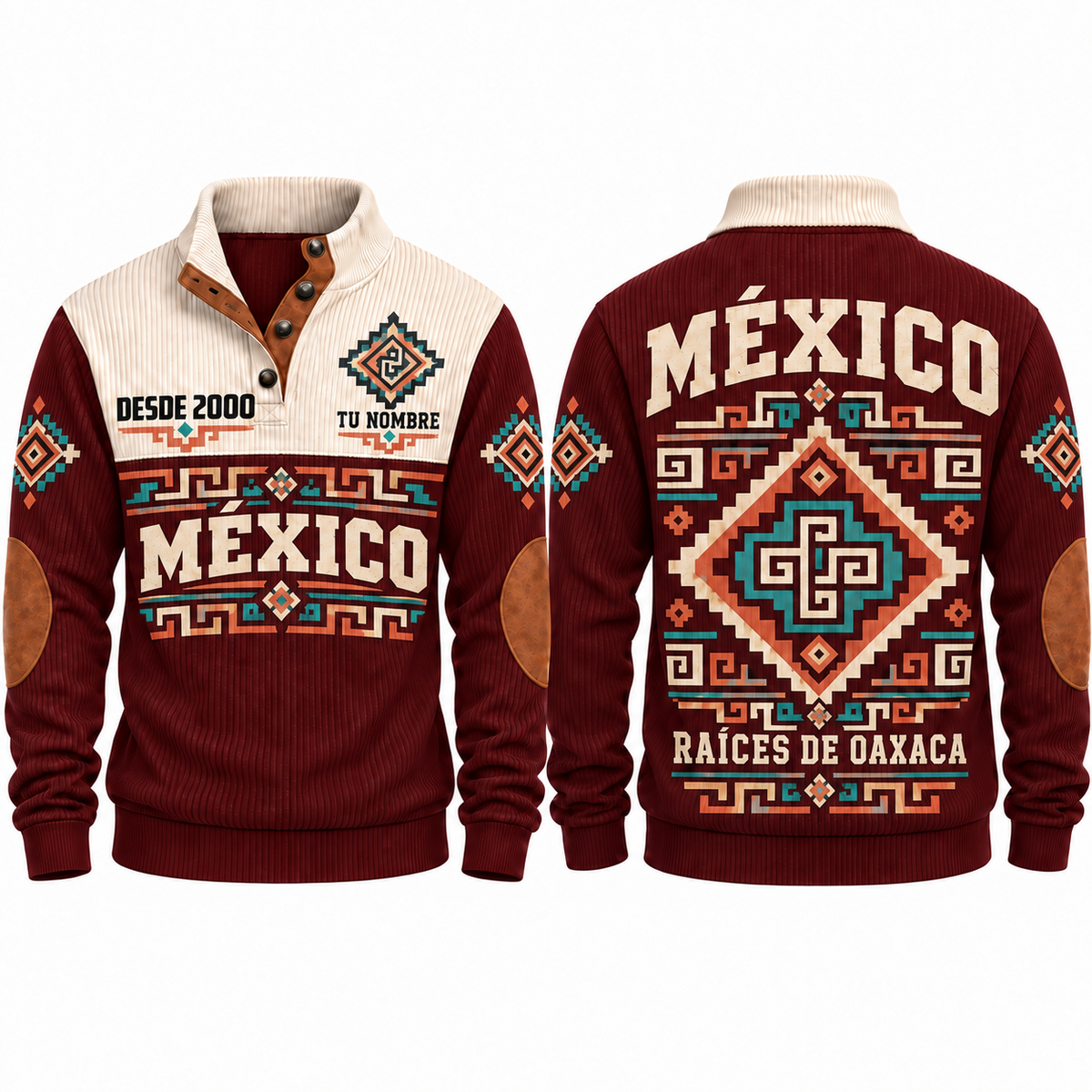 Raíces de Oaxaca personalized Mexican Pride sports sweatshirt in Jujube Red, front and back design