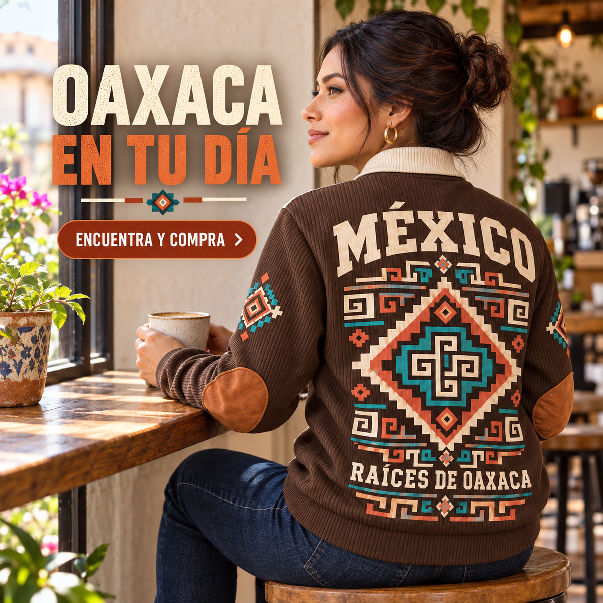 Raíces de Oaxaca | Mexican Pride Personalized Sports Sweatshirt lifestyle mockup in Brown