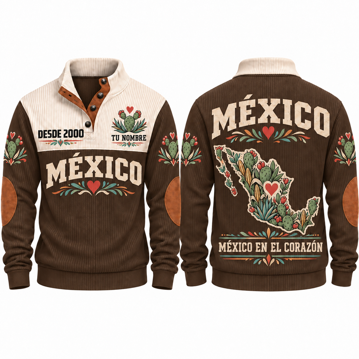 México en el Corazón personalized Mexican Pride sports sweatshirt in Brown, front and back design