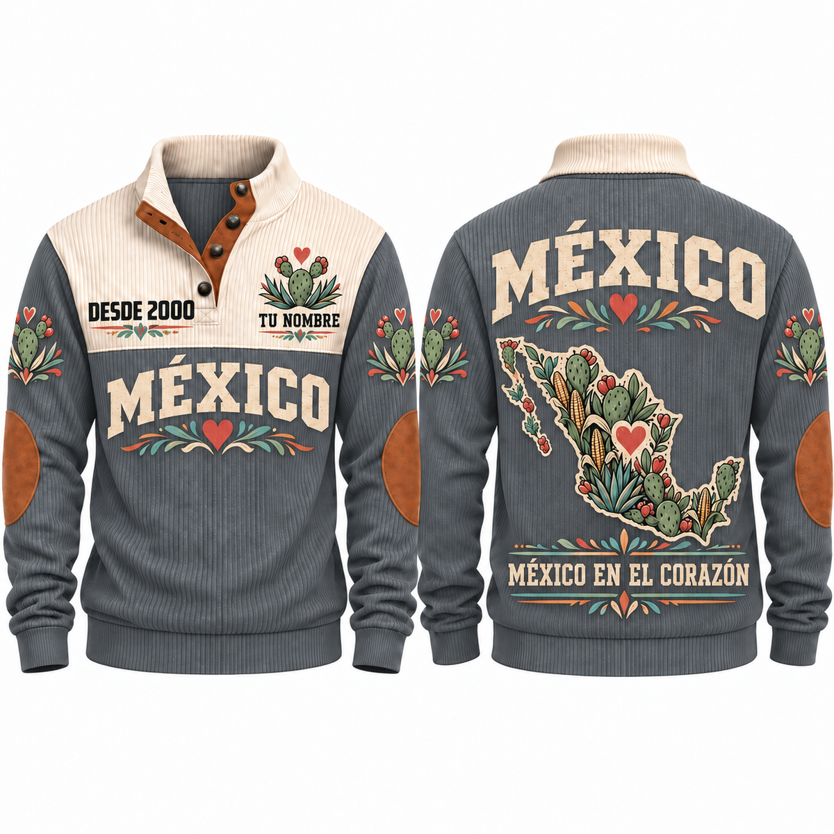 México en el Corazón personalized Mexican Pride sports sweatshirt in Grey, front and back design