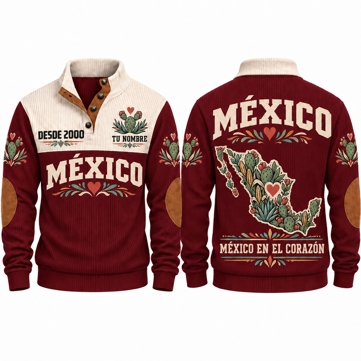 México en el Corazón personalized Mexican Pride sports sweatshirt in Jujube Red, front and back design