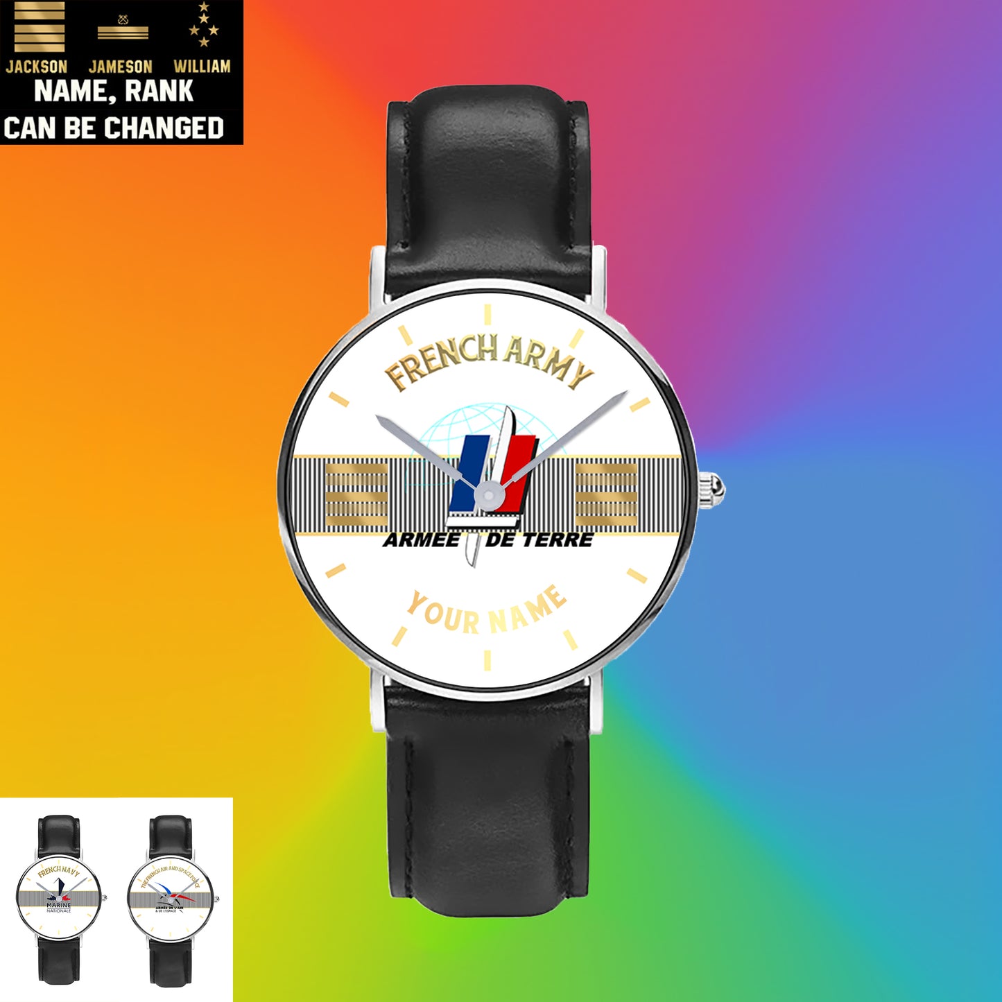 Personalized France Soldier/ Veteran With Name And Rank Black Stitched Leather Watch - 17097696 - Gold Version