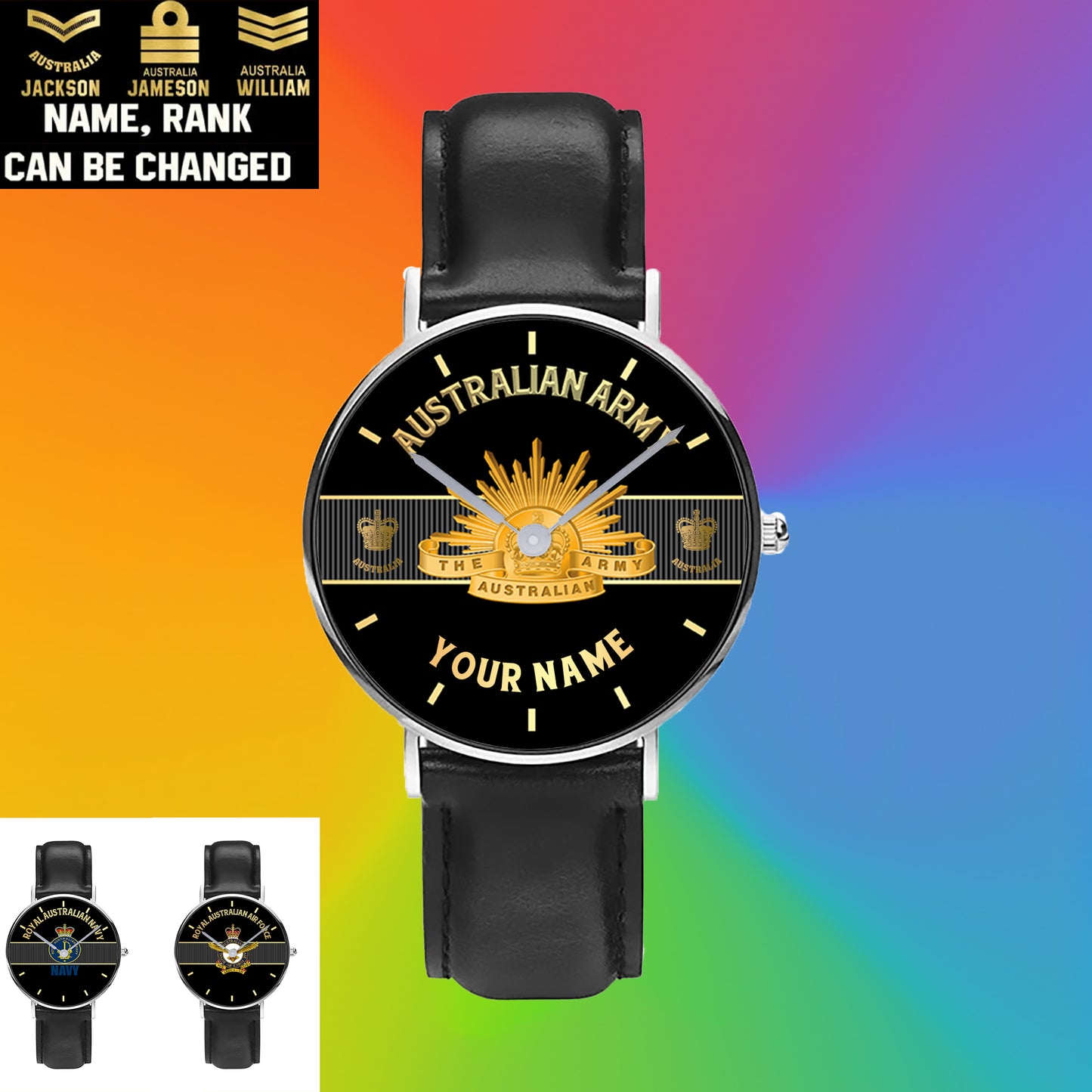 Personalized Australian Soldier/ Veteran With Name And Rank Black Stitched Leather Watch - 17097696 - Gold Version