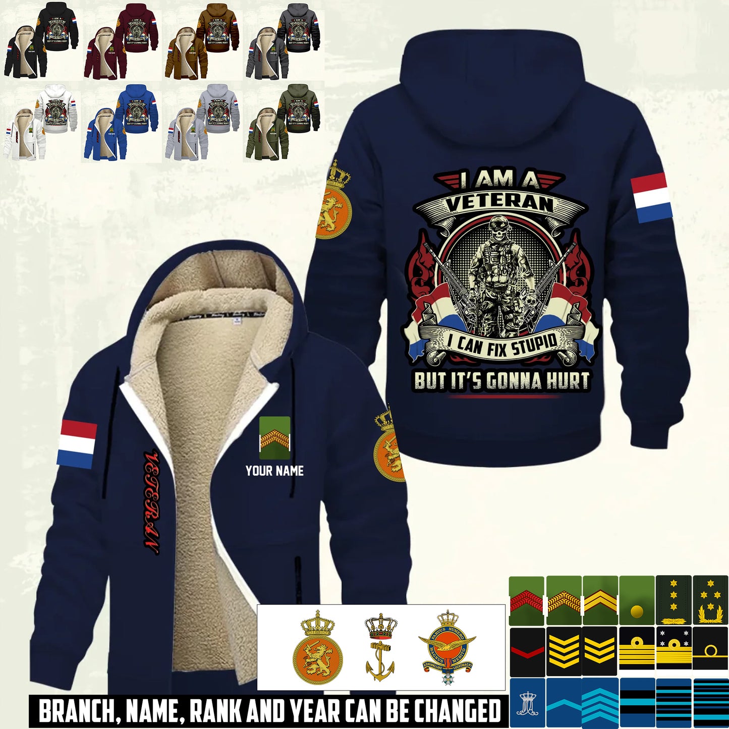 Personalized Netherlands Soldier/ Veteran With Name And Rank Hoodie Zip Velvet Coat - 17552160