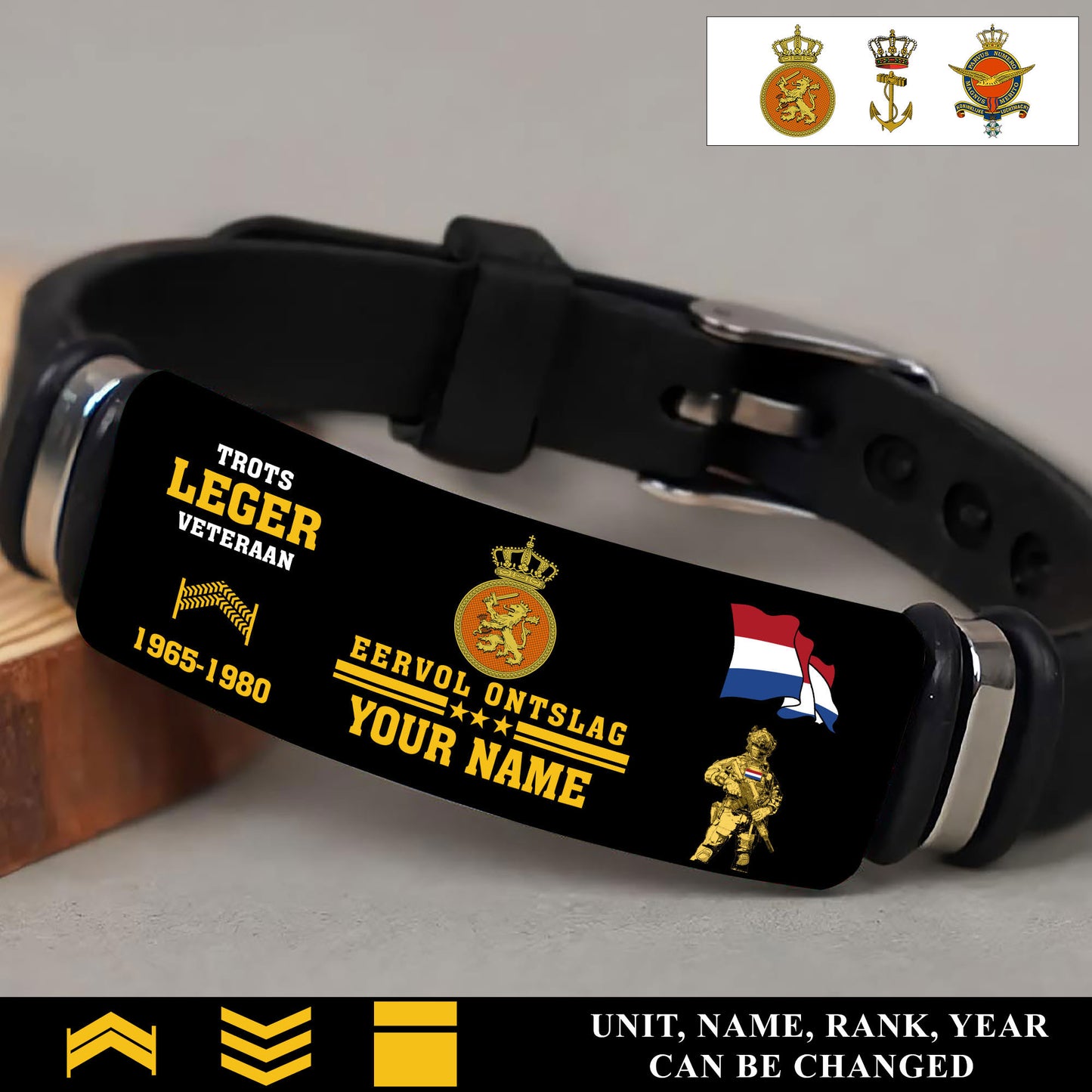 Personalized Netherlands Soldier/ Veteran With Rank, Name And Year Bracelet - 17538336