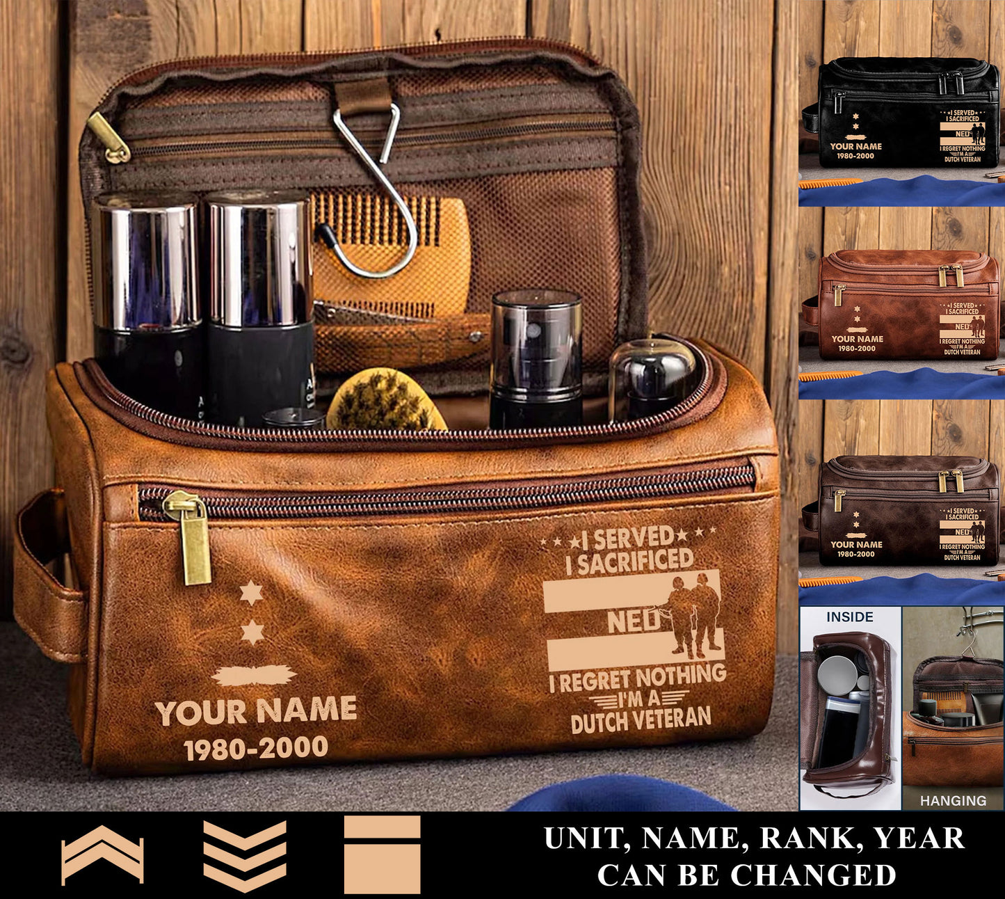 Personalized Netherlands Soldier/ Veteran With Name And Rank Leather Toiletry Bag - 17591040