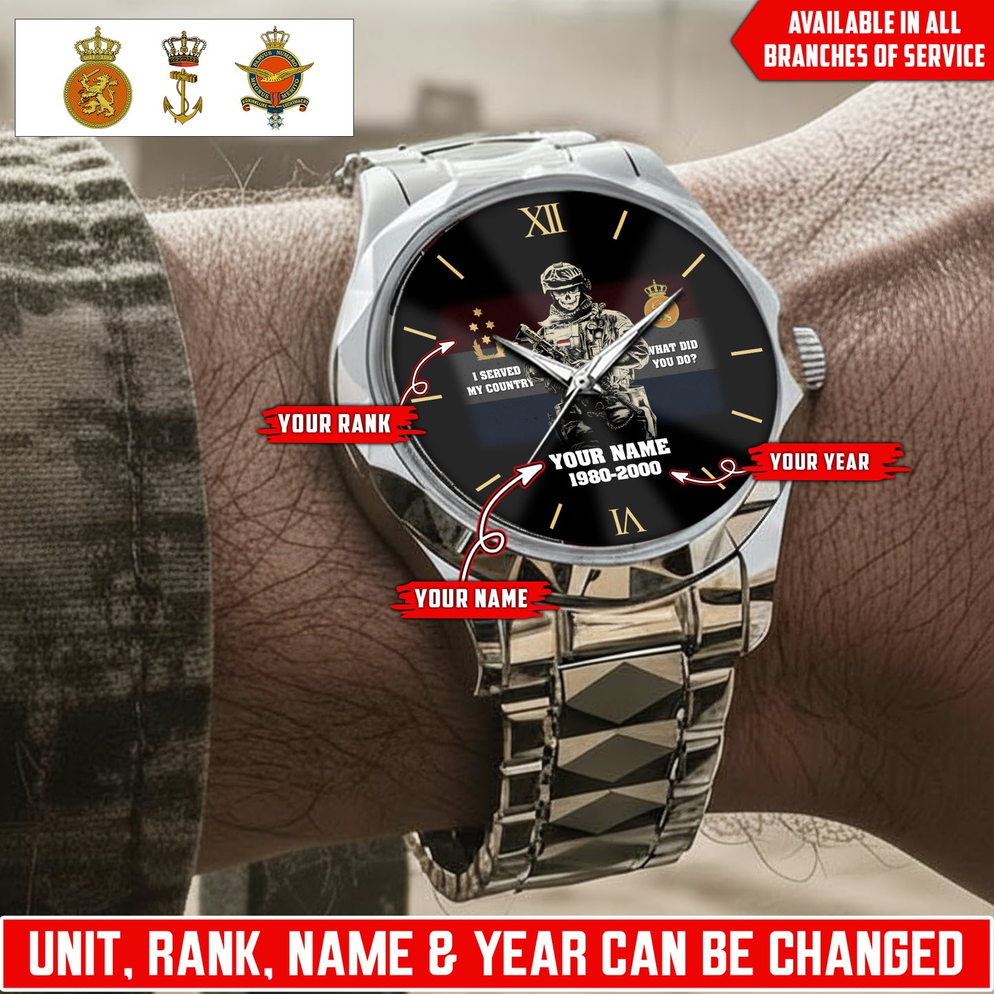 Personalized Netherlands Soldier/Veteran with Name, Year and Rank Diamond-Cut Bezel Watch - 17623872